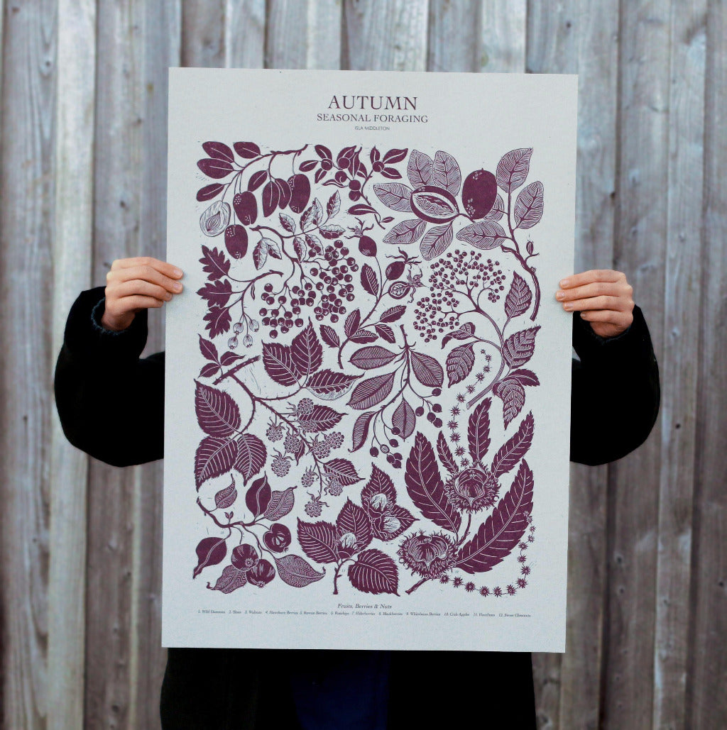 Autumn Foraging Poster - Lino Print By Isla Middleton - Thedanes.co.uk - Creative & Sustainable Living The Scandinavian Way