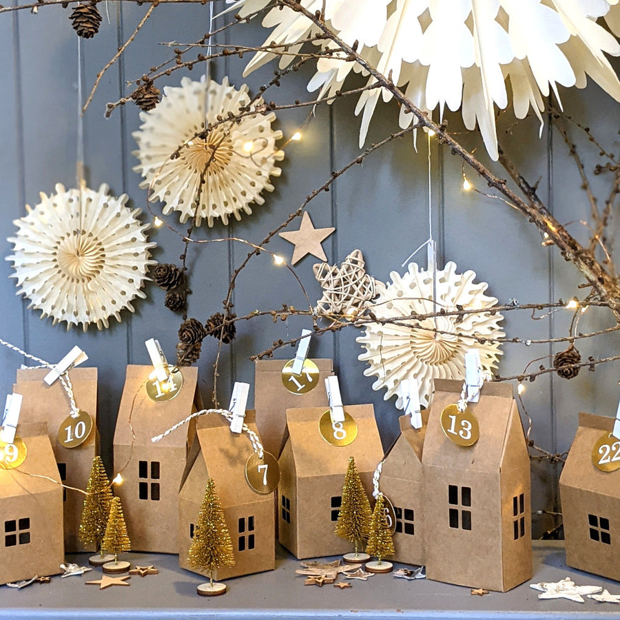 Christmas Advent Village With Gold Christmas Trees and Stars - The Danes
