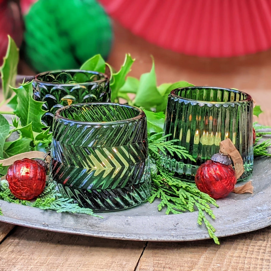 Green Vintage Style Cut Glass Tea Light Holders - Set Of 3 - Thedanes.co.uk - Creative & Sustainable Living The Scandinavian Way