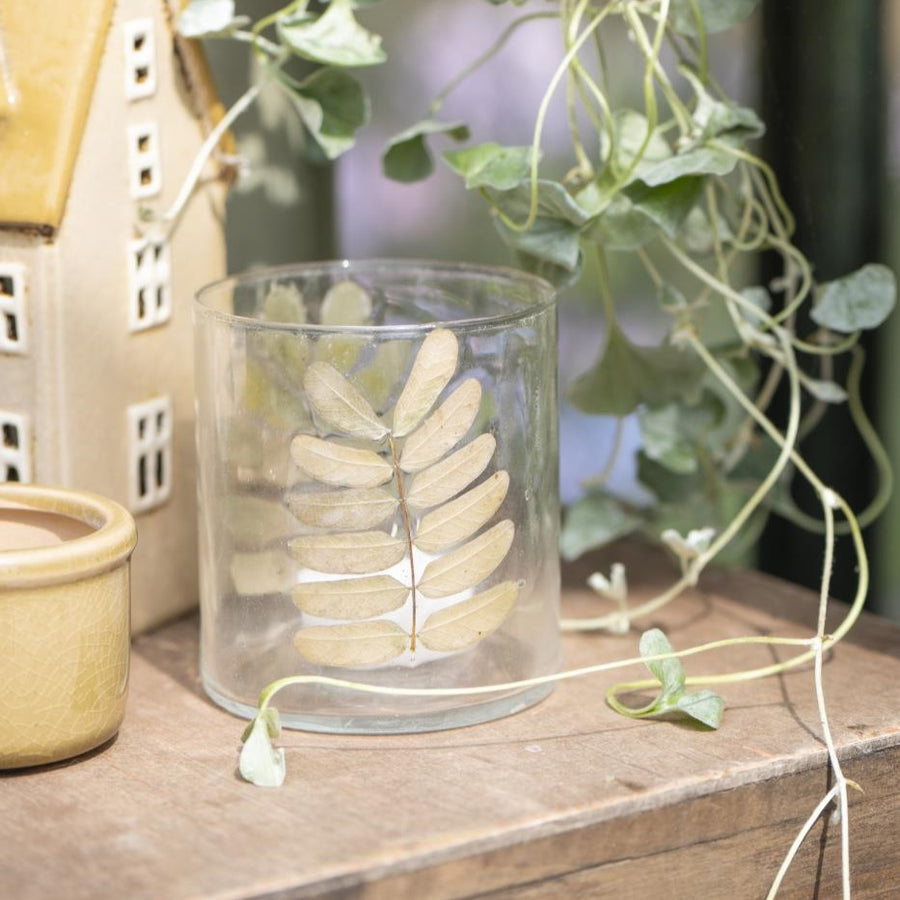 Handblown Glass Tea Light With Leaves