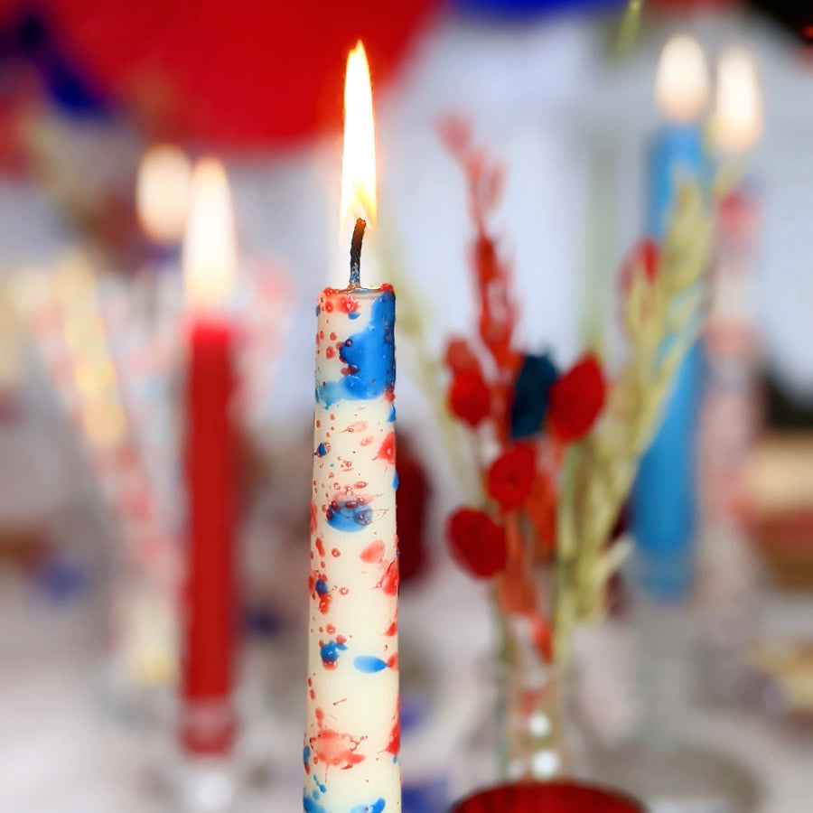 Handmade Queen's Jubilee Dinner Candles, Set Of 2 - Red/Blue Confetti - The Danes