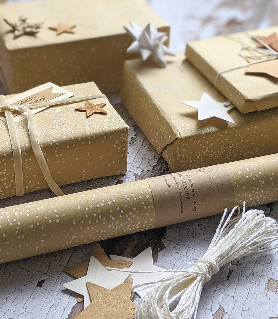 Kraft Paper White Stars Wrapping Paper - 3m, Recyclable - The Danes