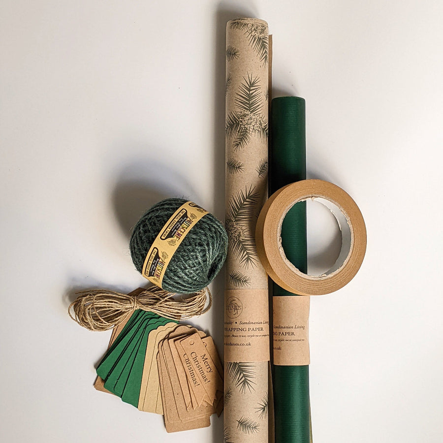 Gift Wrap Set - Green Pine Cone Kraft + Natural Accesories - 100% Recyclable - Thedanes.co.uk - Creative & Sustainable Living The Scandinavian Way