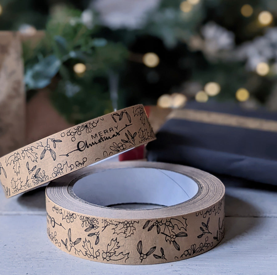 Merry Christmas & Foliage Kraft Paper Tape 24mm x 50mtr - The Danes