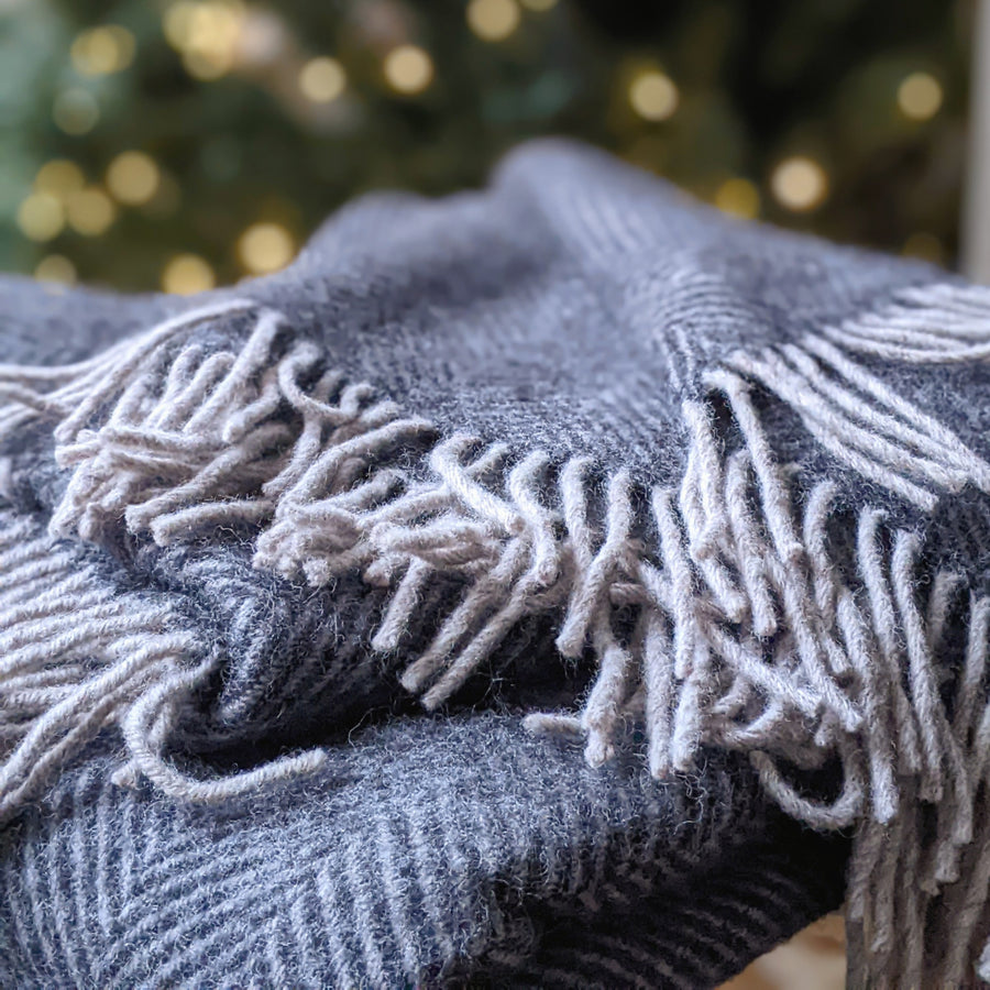 Pure New Wool Herringbone Throw - Charcoal Silver by Tweedmill - The Danes