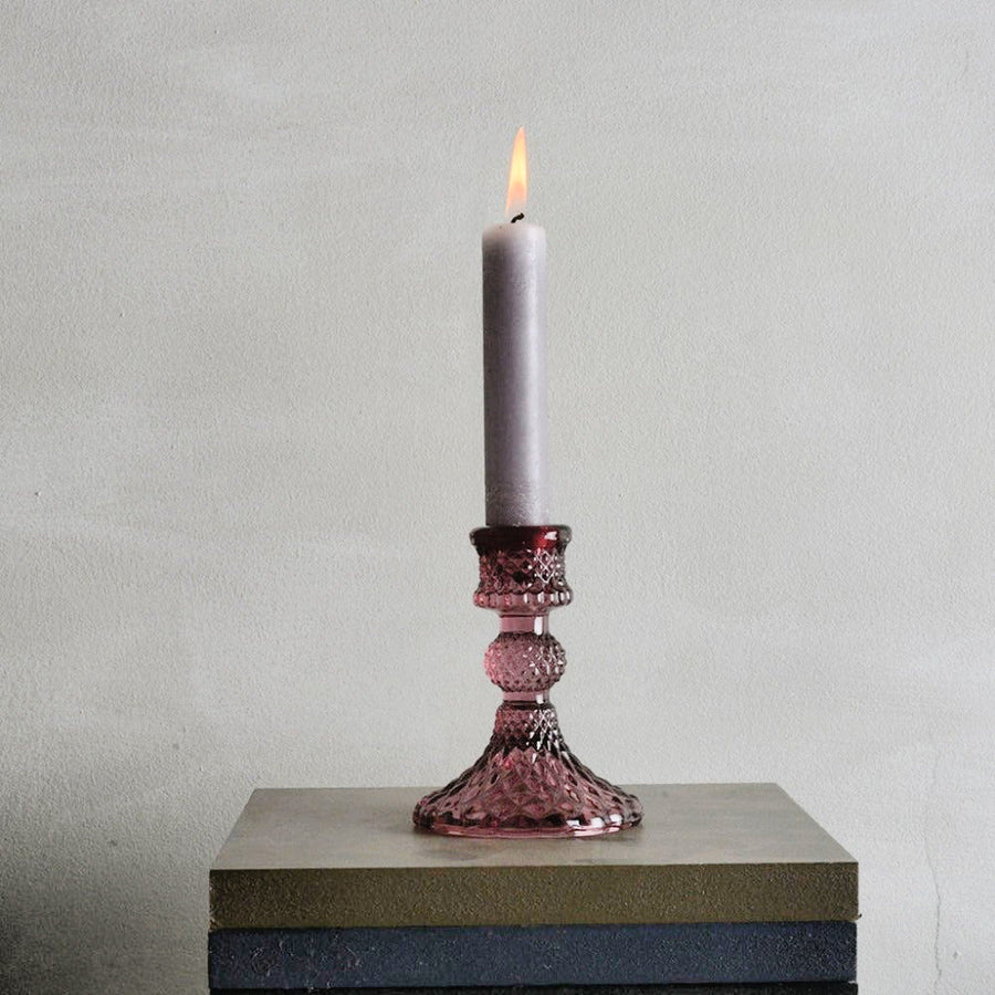 Pink Pressed Glass Dinner Candlestick - 10cm - The Danes