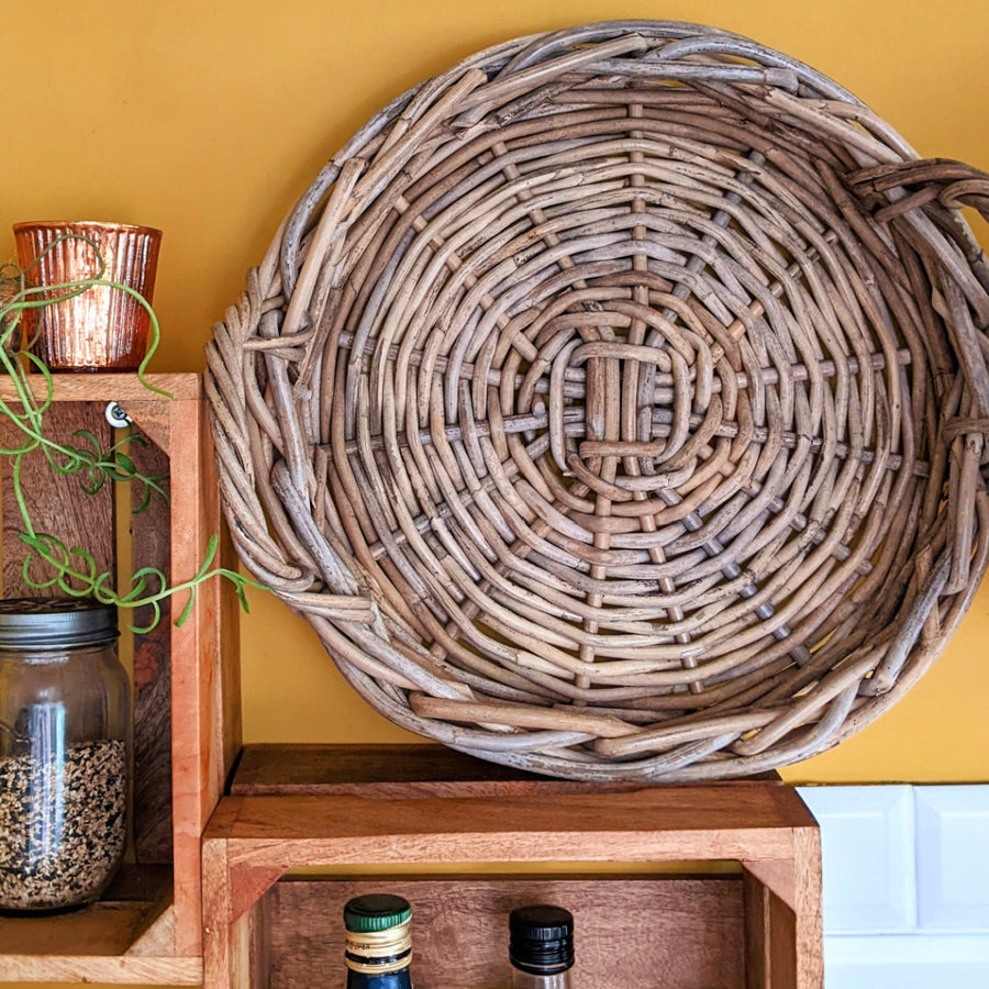 Rustic Round Wicker Tray With Handles - The Danes