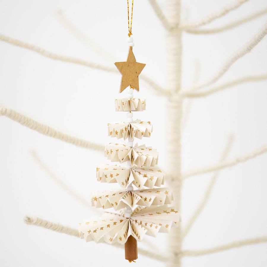 White & Gold Paper Fan Christmas Tree Decoration, Fair Trade - The Danes