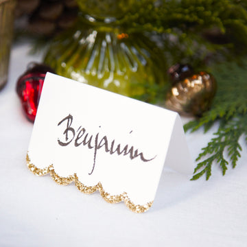 White Place Cards With Gold Glitter Scalloped Edge - The Danes