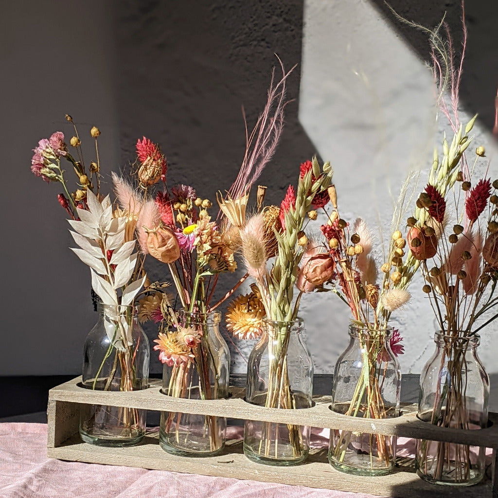 Wooden Tray With 5 Glass Bottle Bud Vases | Seconds - Thedanes.co.uk - Creative & Sustainable Living The Scandinavian Way