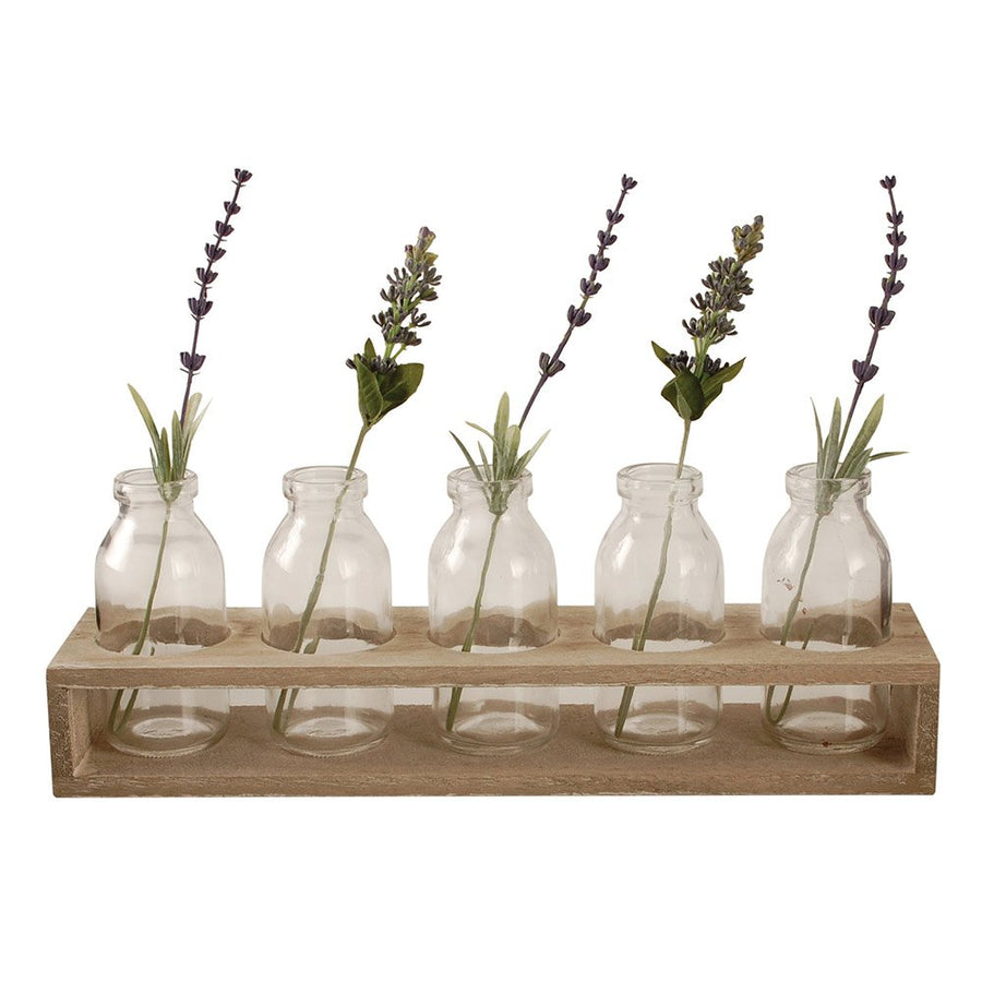 Wooden Tray With 5 Glass Bottle Bud Vases - The Danes