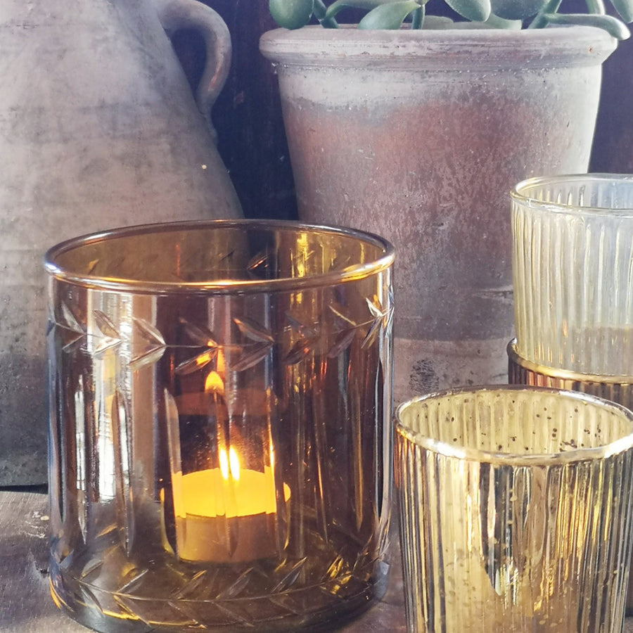 Amber Etched Hurrican Tea Light Glass Jar - The Danes