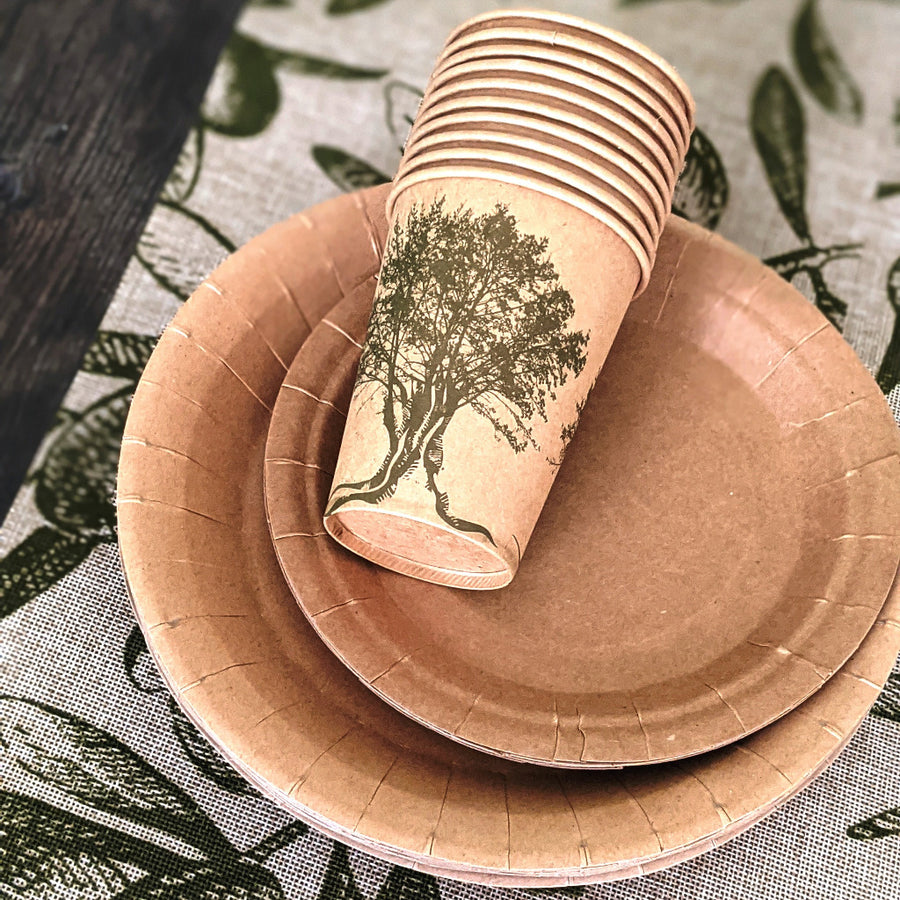Brown Kraft Provençal Olive Print Disposable Paper Cups - The Danes